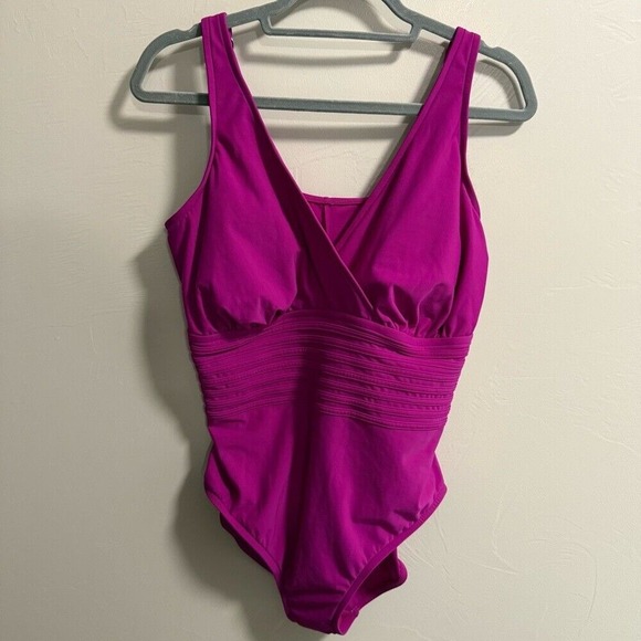 NWT Aqua Green Ruched Purple Magenta One Piece‎ Swimsuit V-Neck Slimming XL - Picture 1 of 6